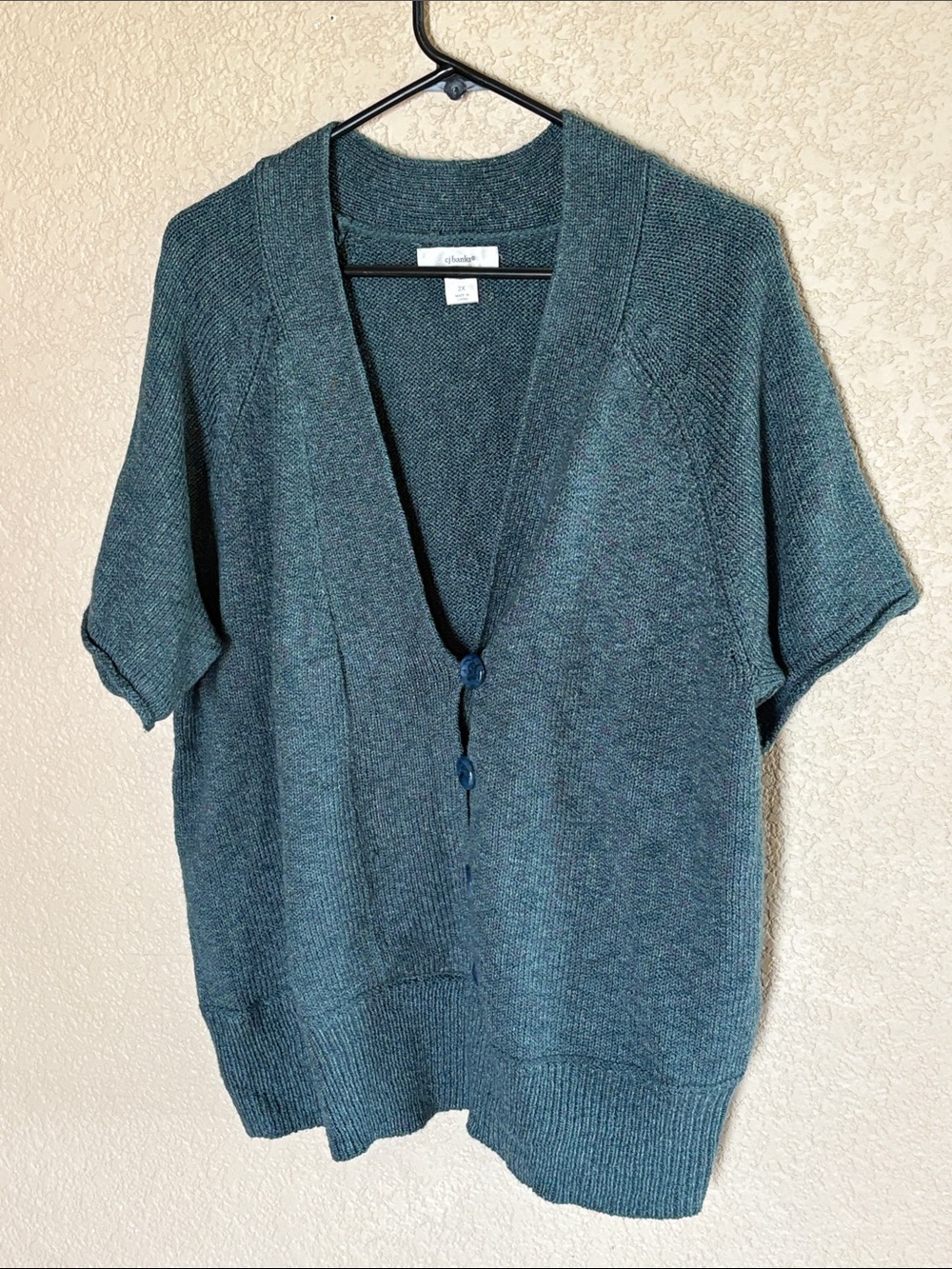 CJ Banks Teal Short-Sleeve V-Neck Button Cardigan